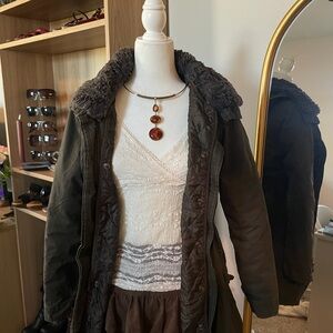 H&M Dark Brown Utility Jacket with Faux Fur Collar and detachable hood